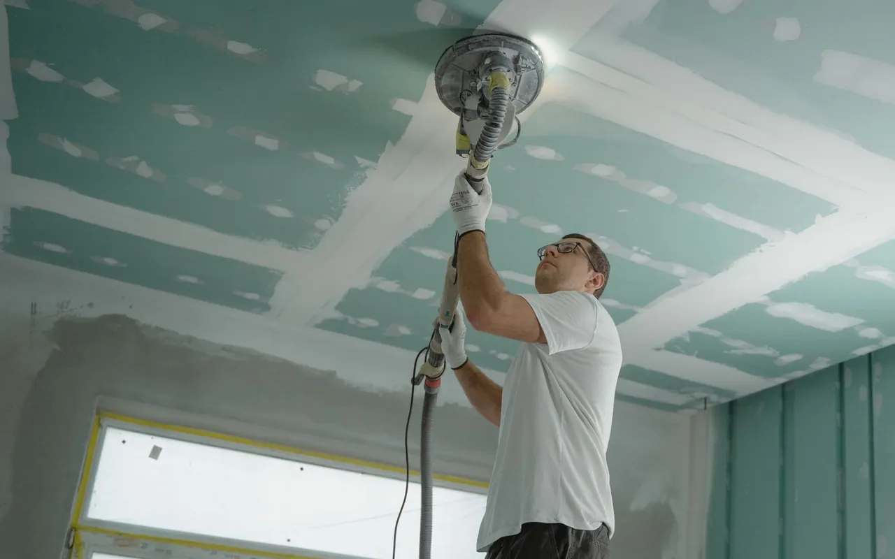 Contractor installing drywall at a home in the United States
